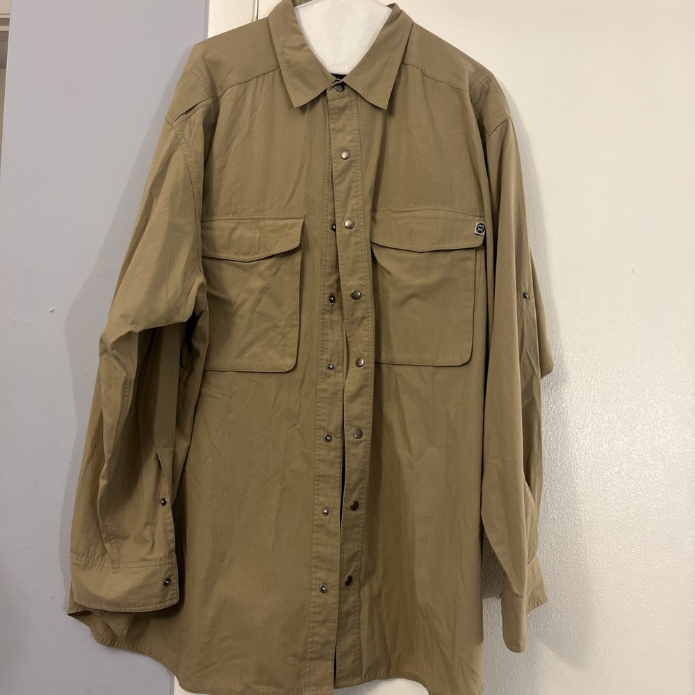 Ex Officio Travel Wear Poly Cotton Brown Metal Snaps Flap Pockets Fishing Khaki